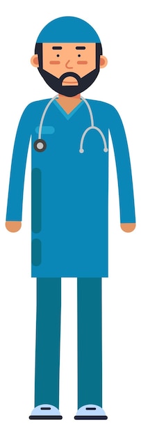 벡터 수염난 의사 캐릭터 흰색 배경에 고립 된 의료 작업자 색상 문자