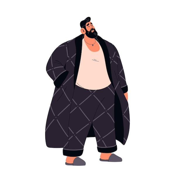 Bearded fat man in home bathrobe Plus size heavy male character with overweight problem Chubby chunky person with confused expression Body positivity Flat isolated vector illustration on white