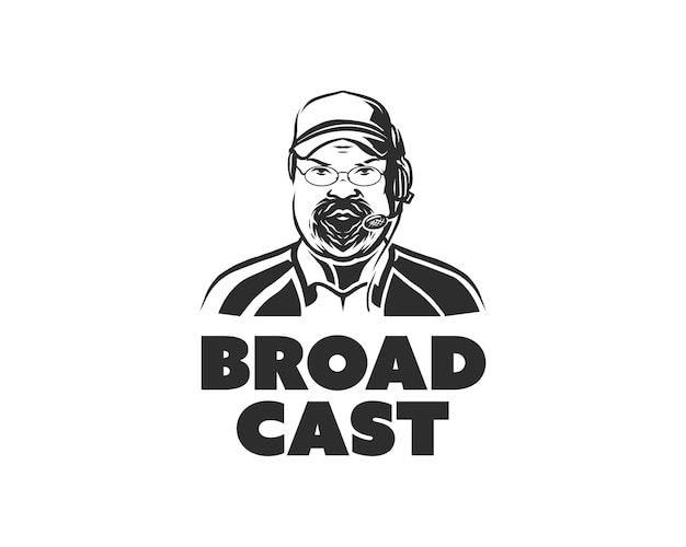 Bearded fat man wearing hat and mic. journalistic broadcasting logo design template