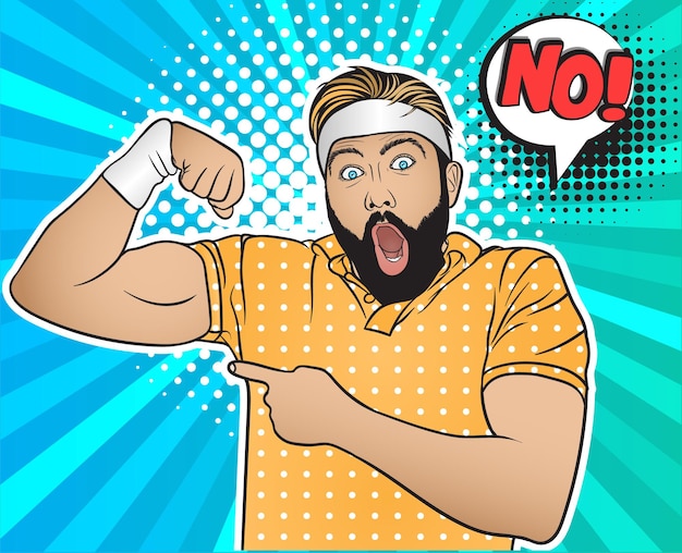 bearded fitness man showing muscles comic style