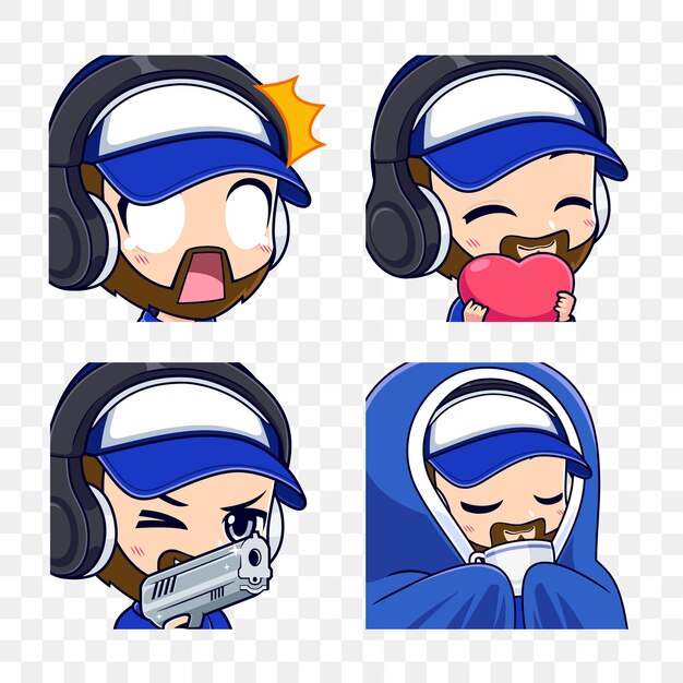 bearded gamer esport cartoon expression set isolated on white background
