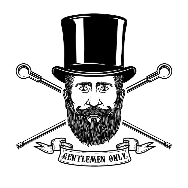 Vector bearded gentleman head in vintage hat.  elements for poster, emblem, sign, label.  illustration