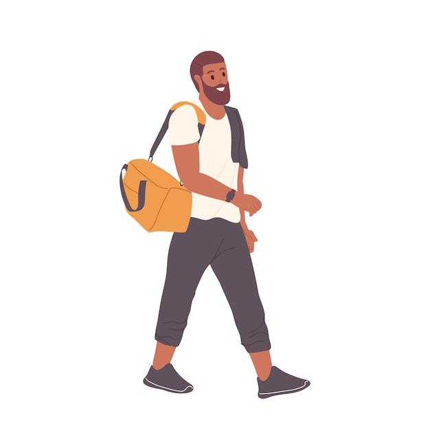 Bearded hipster man athlete wearing sport clothes carrying fit bag going for fitness to gym class