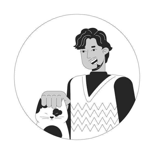 Vector bearded indian man petting cat black and white 2d vector avatar illustration south asian guy smiling outline cartoon character face isolated sweater weather pet owner flat user profile image