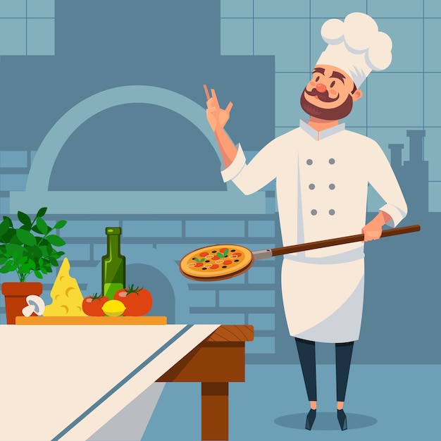 Bearded Italian chef in uniform with pizza on paddle. Restaurant s kitchen interior with brick furnace. Fresh food ingredients on wooden table. Flat   design