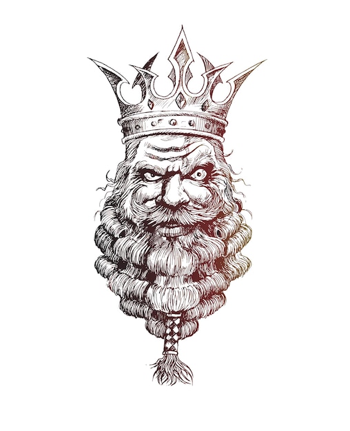 彼の頭の上の王冠を持つひげを生やした王tシャツのデザインベクトルの背景