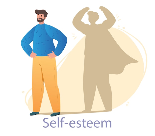 Vector bearded male character is standing with confident version of himself as a shadow behind on white