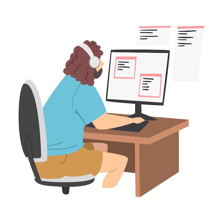 Vector bearded man as software developer or programmer engaged in coding in serverside framework on computer vector illustration