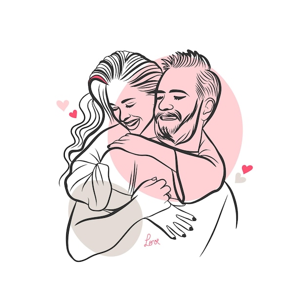 Bearded man and beautiful girl couple of lovers hugs vector illustration doodle