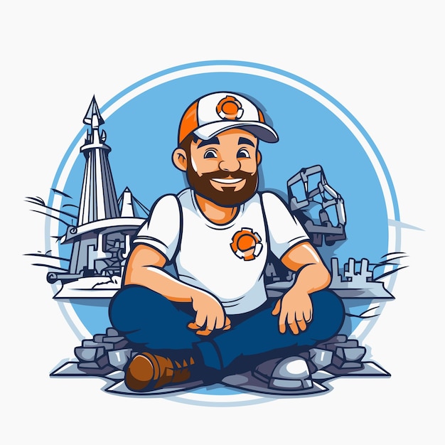 Bearded man in a cap and tshirt sitting on the beach Vector illustration