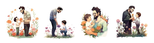 Vector bearded man carrying young boy smiling dad holding son joyful father playing with his little kid