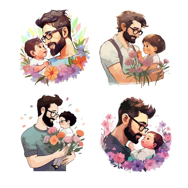 Bearded man carrying young boy Smiling dad holding son Joyful father playing with his little kid