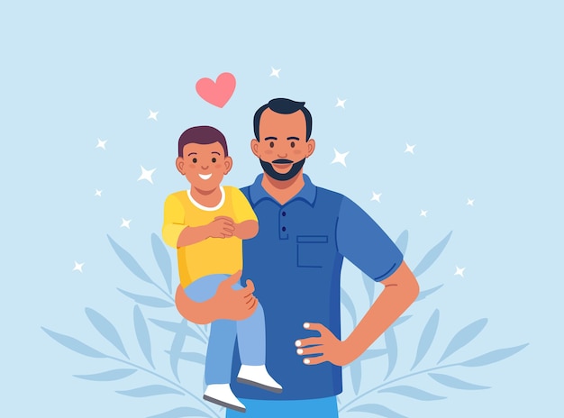 Vector bearded man carrying young boy. young father holds his child with care and love. happy fathers day. smiling dad holding son