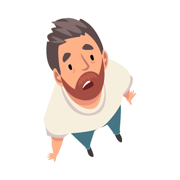 Bearded Man Character Looking Up View from Above Vector Illustration