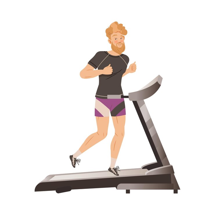 Vector bearded man character on treadmill doing sport and physical exercise training body and muscle vector illustration