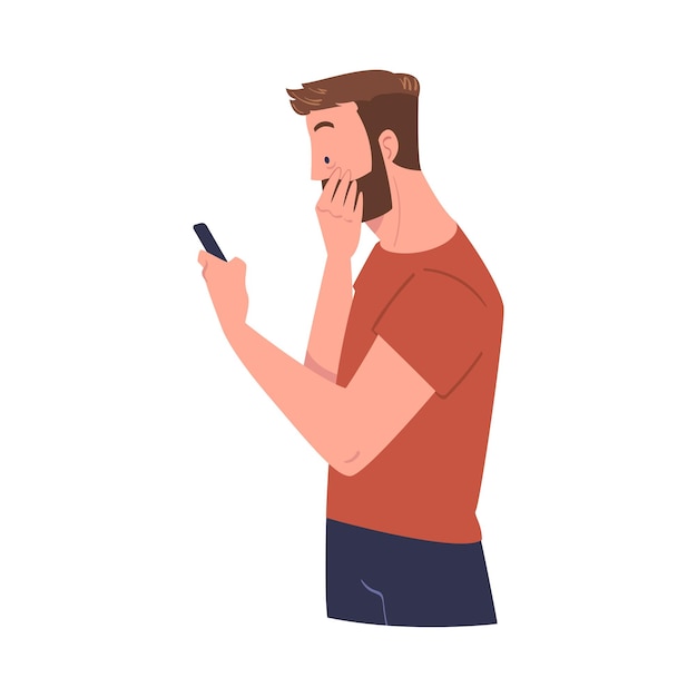Бородатый мужчина с смартфоном читает шокирующий контент или векторную иллюстрацию новостей