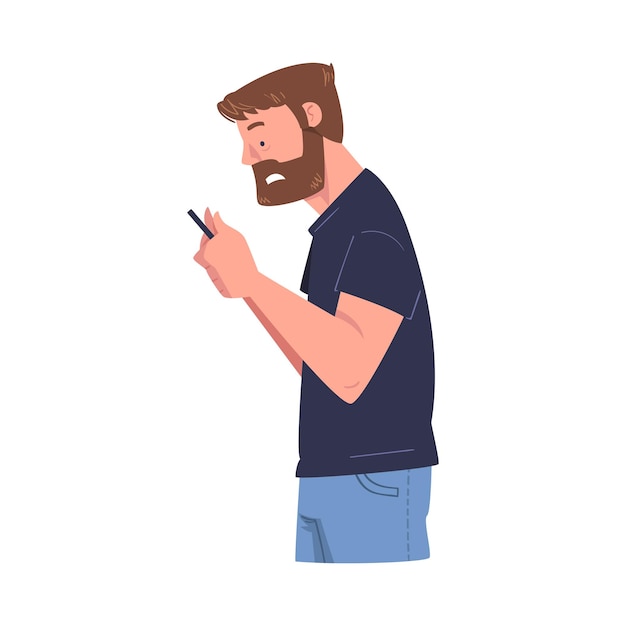 スマートフォンでショックコンテンツやニュースベクトルイラストを読むひげの男キャラクター