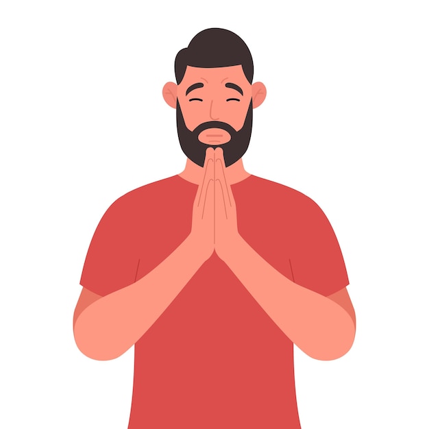 Vector bearded man in closed eyes praying hands together vector illustration