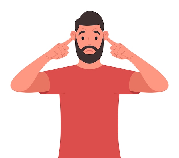 Vector bearded man covering ears with fingers with annoyed expression for the noise vector illustration