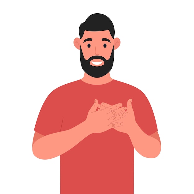 Vector bearded man expresses his positive feeling to people keep hands on chest or heart vector illustration