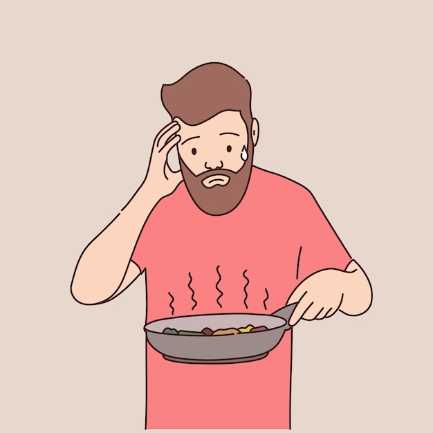 Vector bearded man food burned in the pan vector illustration