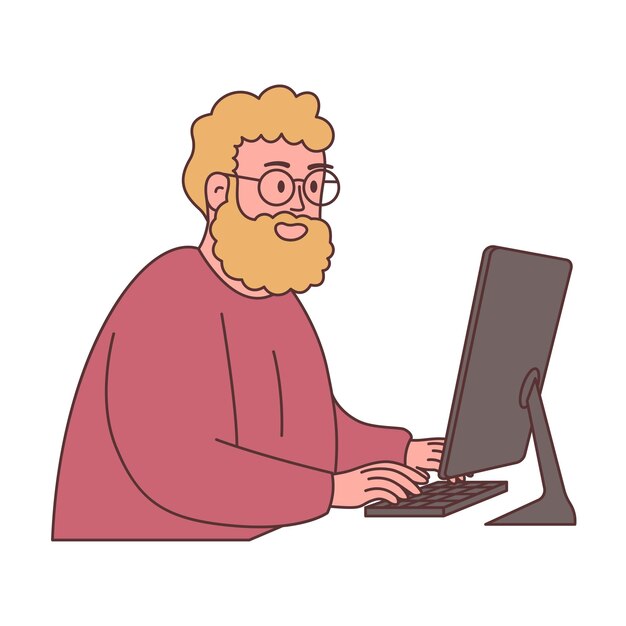 Bearded Man Freelance Employee Cartoon Character Wearing Glasses Working with Computer