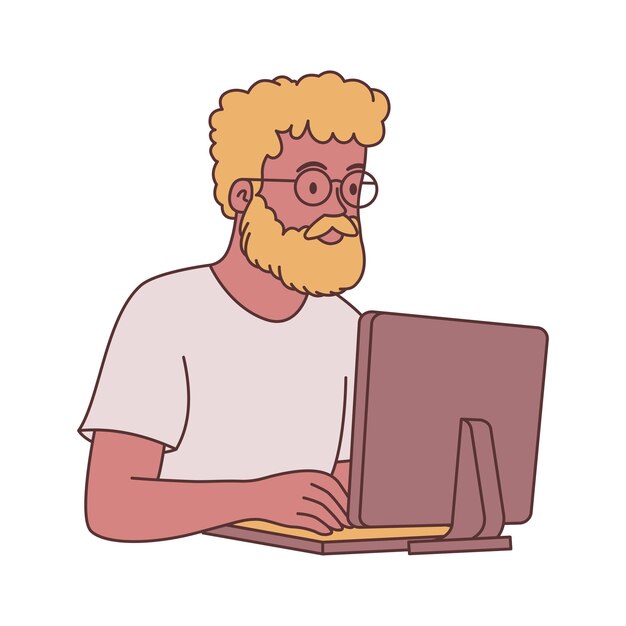 Bearded Man Freelance Employee Cartoon Character Wearing Glasses Working with Computer