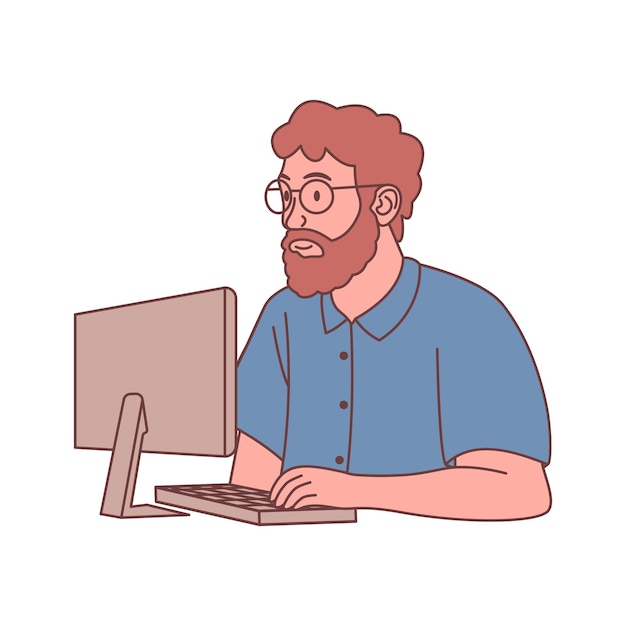Bearded Man Freelance Employee Cartoon Character Wearing Glasses Working with Computer