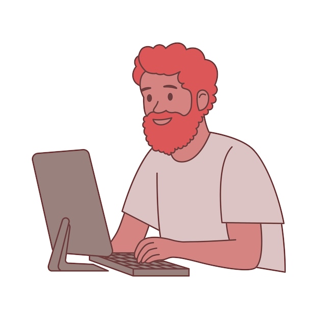 Bearded Man Freelance Employee Cartoon Character Working with Computer