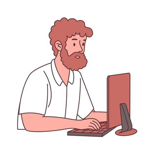 Bearded Man Freelance Employee Cartoon Character Working with Computer