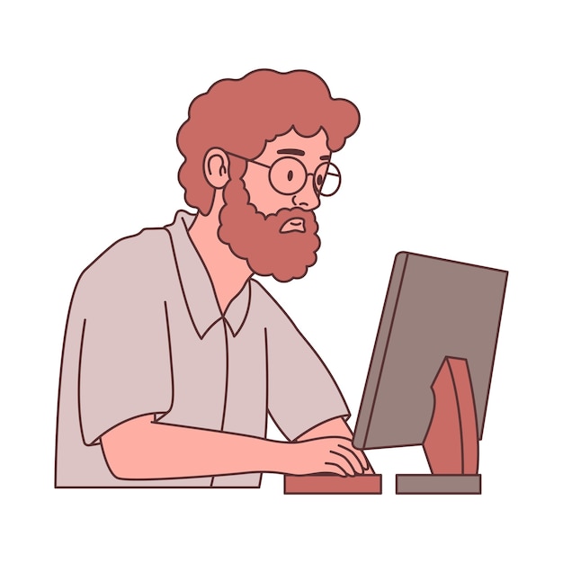 Bearded Man Freelance Employee Cartoon personage met een bril die met de computer werkt
