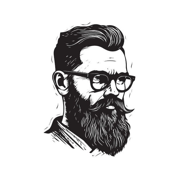 Бородатый мужчина в очках винтажный логотип концепция черно-белого цвета рисованной иллюстрации