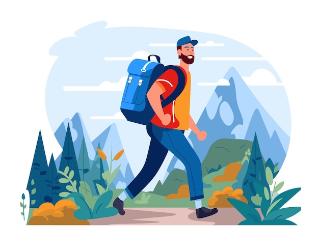 Vector bearded man hiking mountains nature trek smiling male backpacker adventure travel outdoors hiker