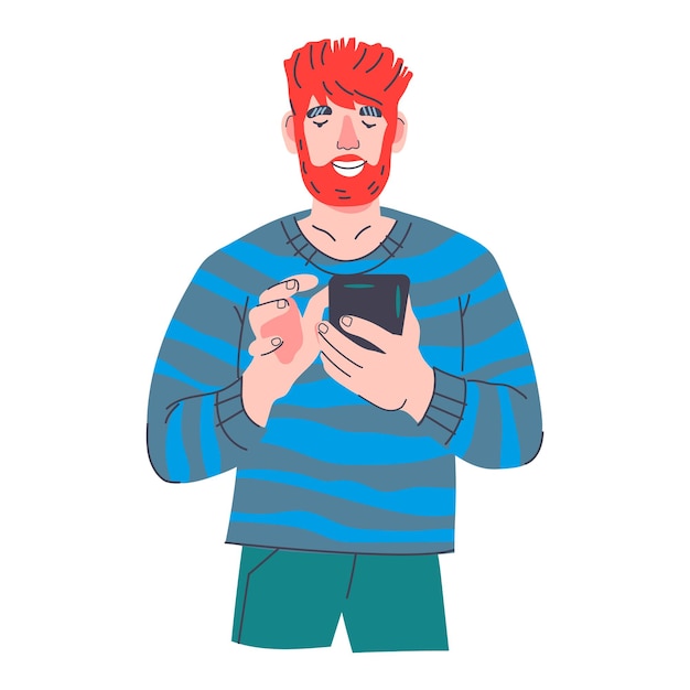 Bearded man holding smartphone and typing a message on its touchscreen