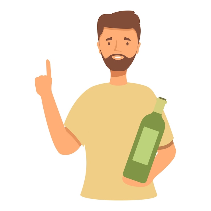 Vector bearded man holding wine bottle pointing finger up