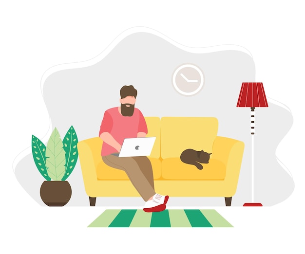 Vector bearded man is sitting with laptop on the sofa at home working on a computer