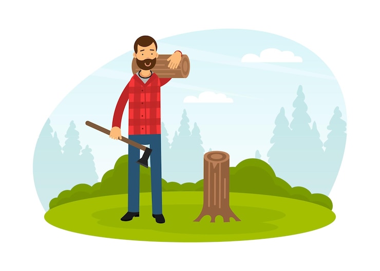 Vector bearded man lumberjack in red checkered shirt carrying lumber and wood chopper vector illustration