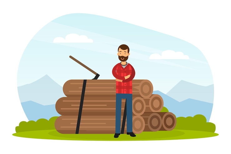 Vector bearded man lumberjack in red checkered shirt standing near pile of logs and wood chopper vector illustration