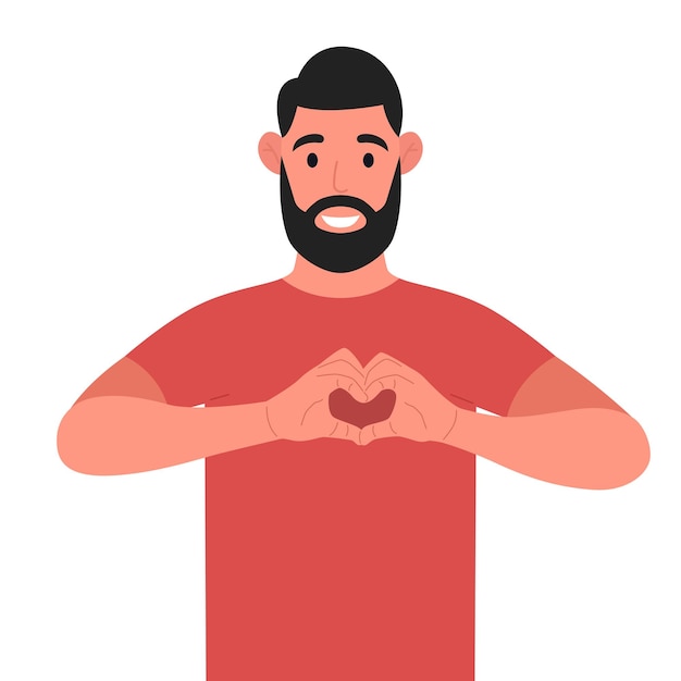 Bearded man making or gesturing heart symbol with fingers Vector illustration