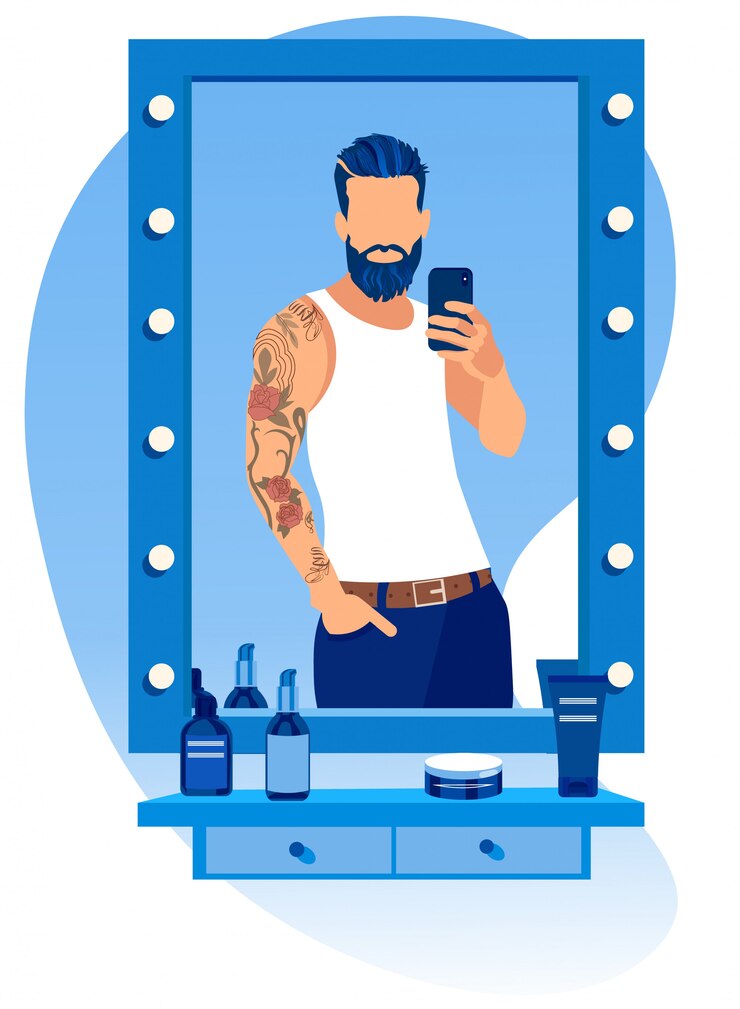 Vector bearded man making selfie in mirror at barbershop