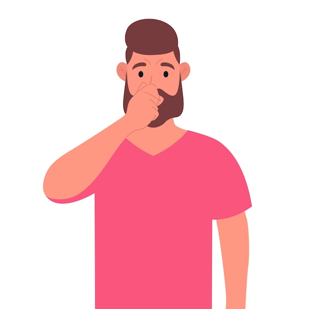 Vector bearded man in pink tshirt holding fingers on nose vector illustration