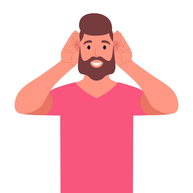 Bearded man in pink tshirt trying to hear something seriously The guy is raising his hands to his ears Vector illustration