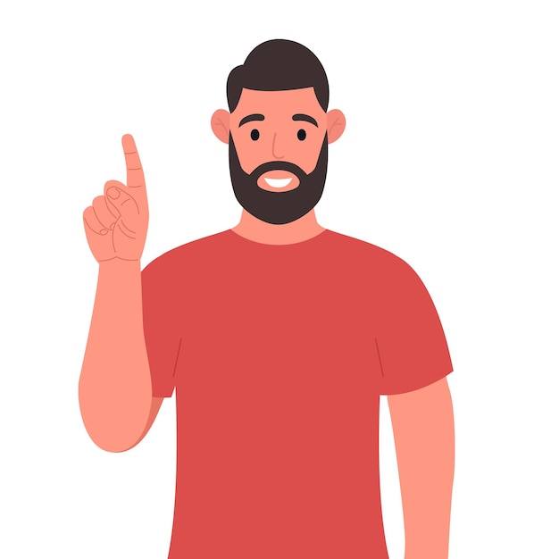 Bearded man pointing up finger while standing and smiling concept of a great idea vector illustration