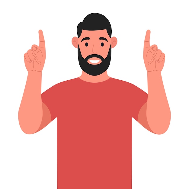 Vector bearded man pointing up fingers while standing and smiling pointing copy space vector illustration