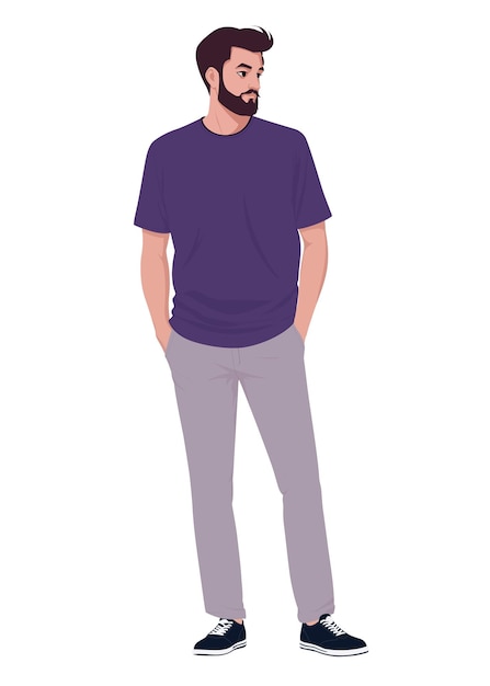 A bearded man in a purple Tshirt and white pants stands with his hands in his pockets