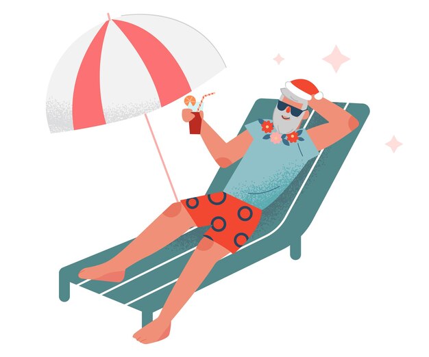 Uomo barbuto con cappello rosso di babbo natale seduto su un lettino e bevendo un cocktail sulla spiaggia babbo natale godendosi le vacanze estive illustrazione vettoriale