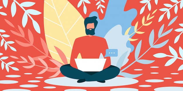 Vector bearded man sitting on floor with laptop