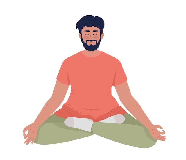 Vector bearded man sitting in relaxing yoga pose semi flat color vector character