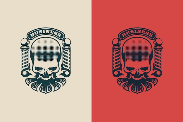 Vector bearded man skull logo with barber pole for barbershop and tattoo studio