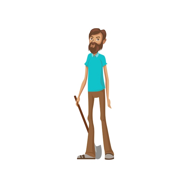 Bearded man standing and holding shovel cartoon vector Illustration isolated on a white background